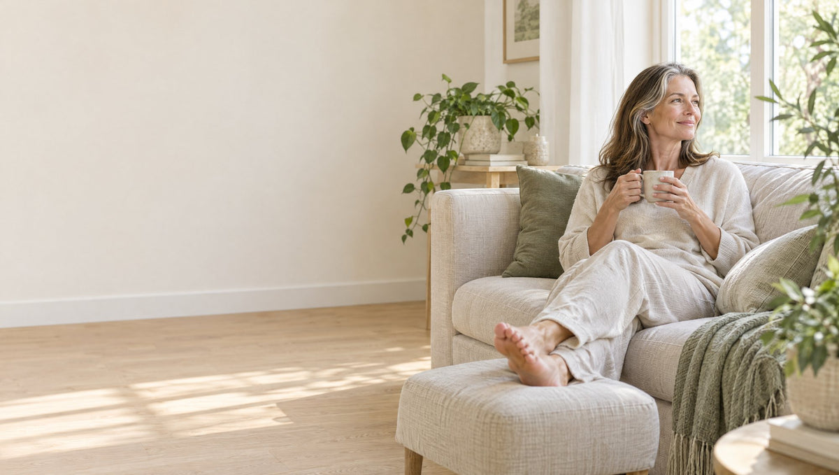 Woman relaxing on a sofa with her feet up and a cup of tea