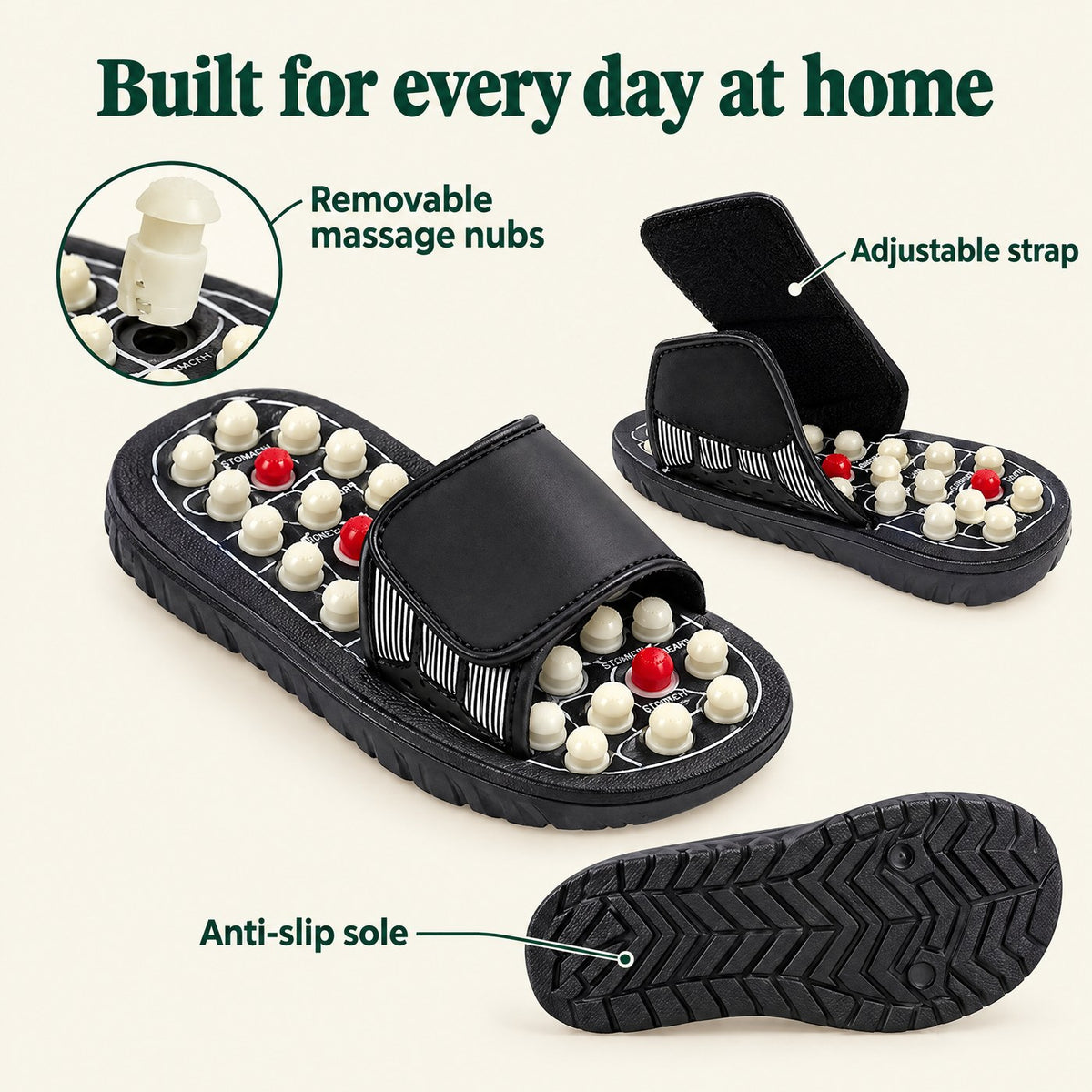 Removable massage nubs, adjustable strap and anti-slip sole